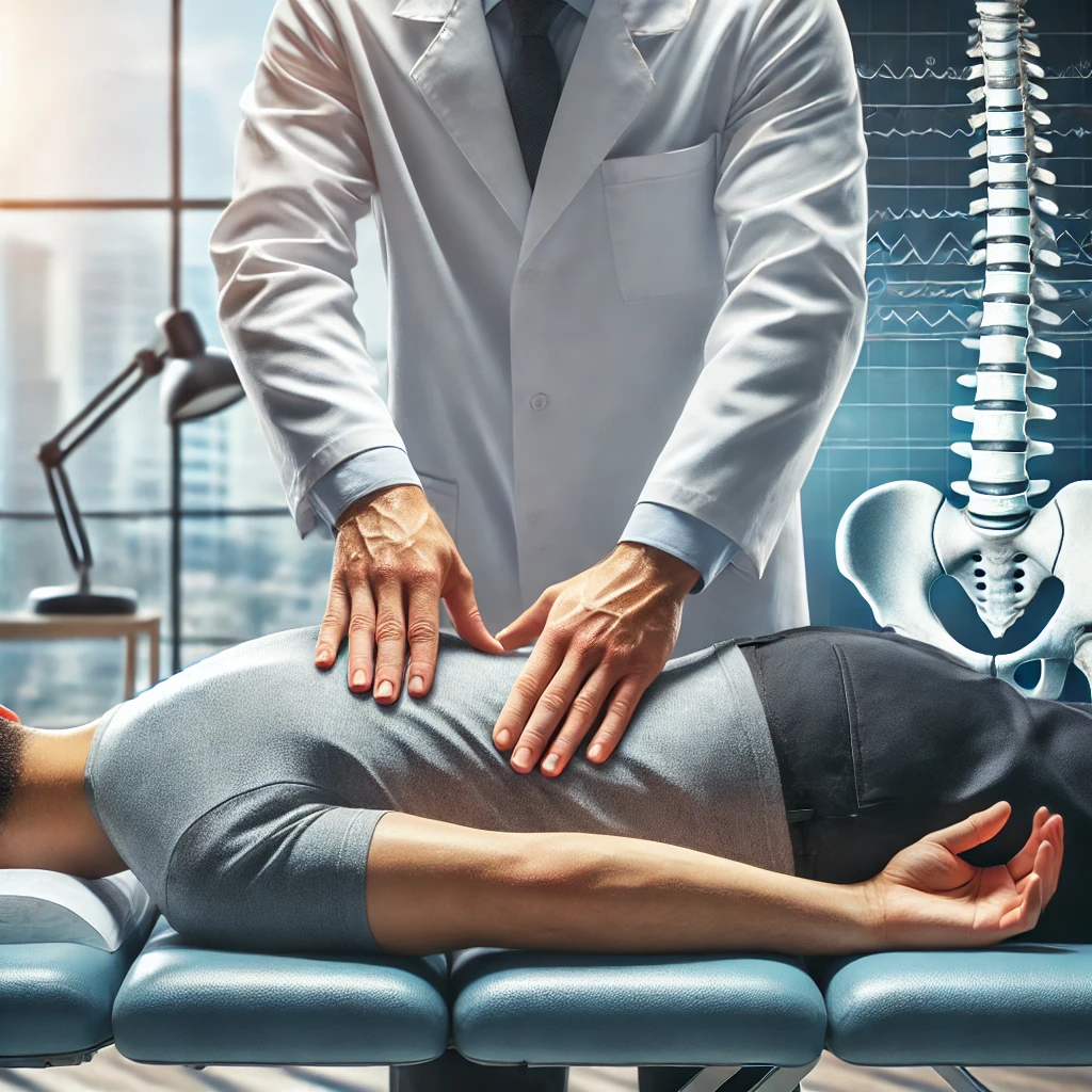 A chiropractor in North Edmonton providing an adjustment for pain relief on a patient