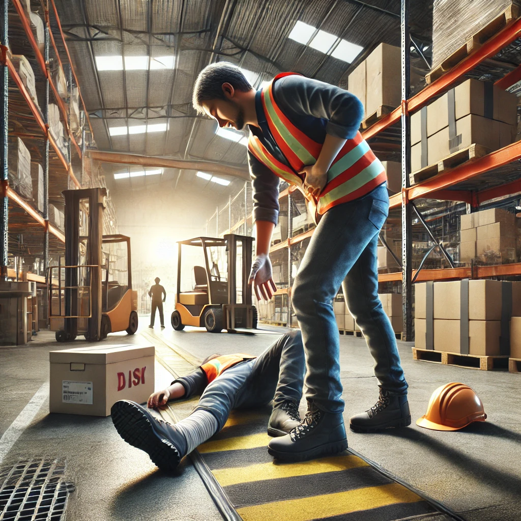 Worker wearing safety gear holding their injured arm in a busy workplace environment, highlighting the need for Workers' Compensation claims after workplace accidents.