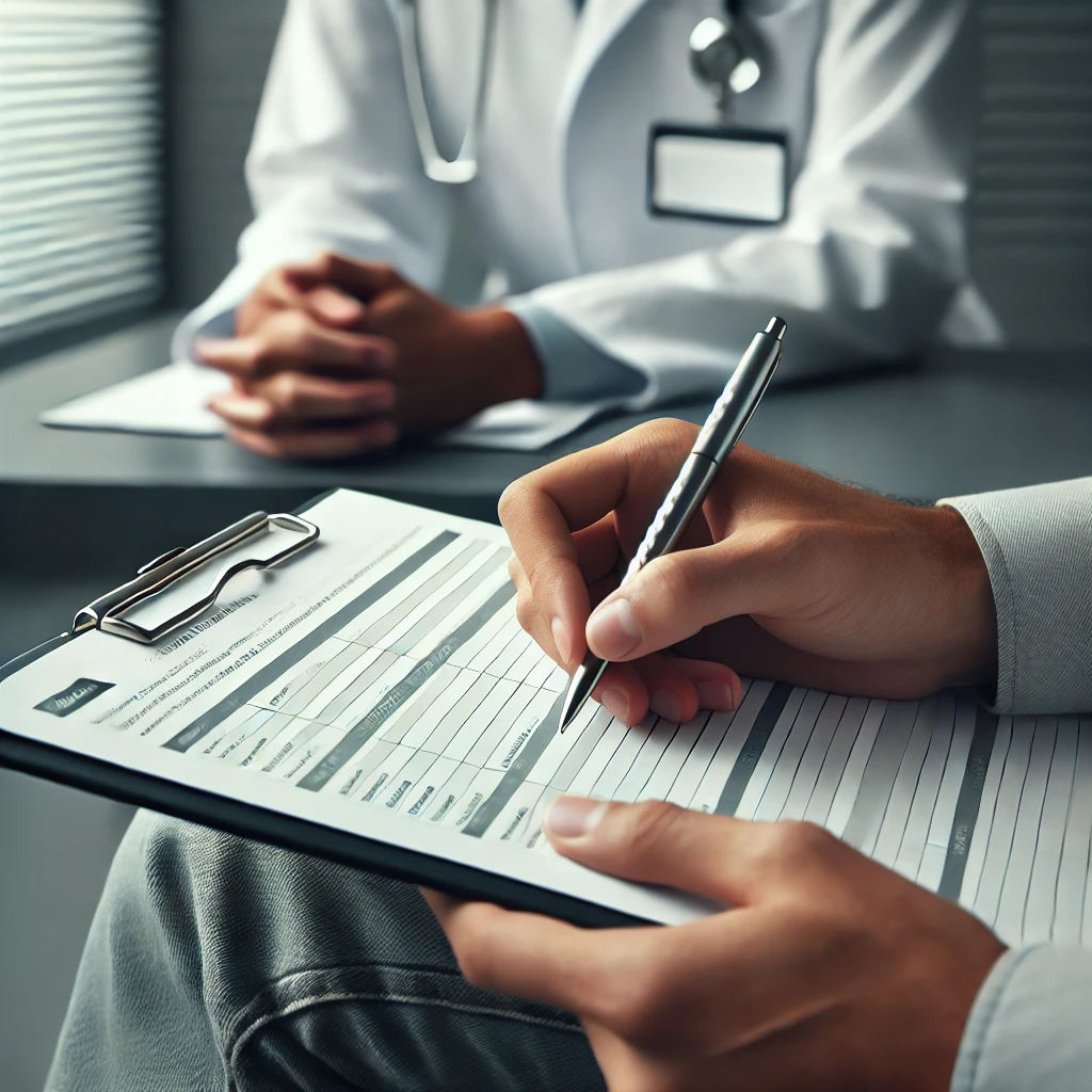 Patient filling out paperwork in a healthcare clinic for extended health benefits in North Edmonton, with focus on the hands and minimal background.