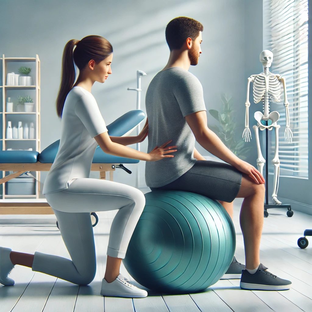 A physiotherapist assisting a patient sitting on an exercise ball during a rehabilitation session in a clean clinic environment.