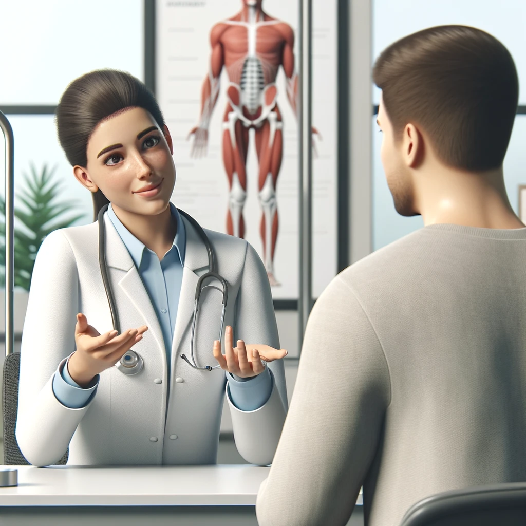 A physiotherapist in a clinic explaining treatment options to a patient during a consultation, with medical equipment in the background.